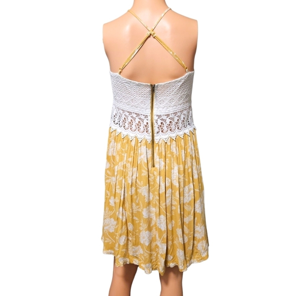 Wmns Crochet & Yellow Floral Sundress Sz LG Lace Cutout Feminine Coquette Boho - Picture 3 of 16